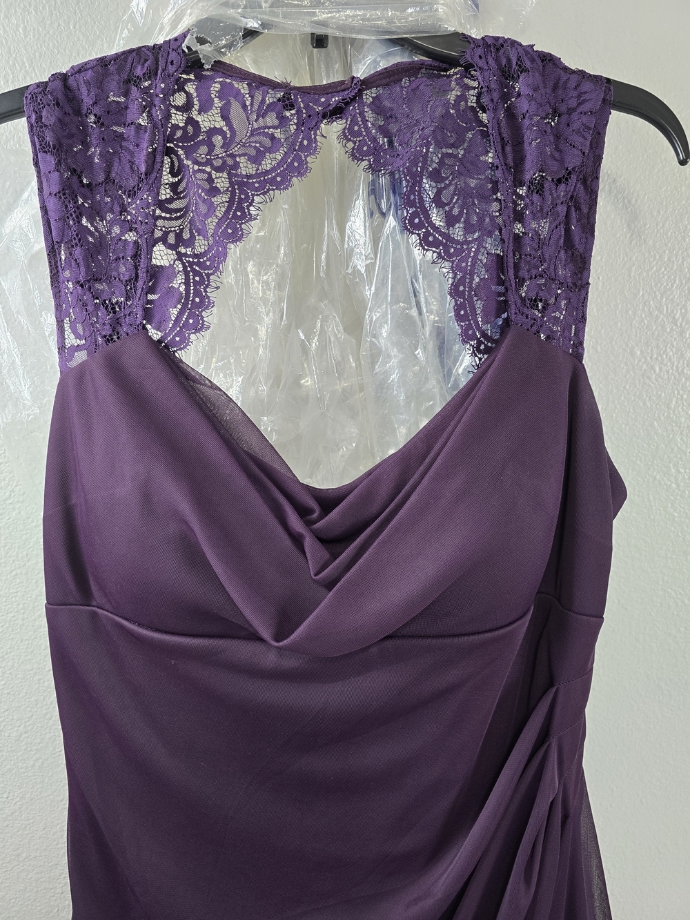 Xscape Purple Lace-Back Cowl Neck Wedding Dress